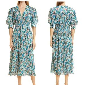 GANNI floral-print pleated Smocked Plissé‎ Georgette midi dress